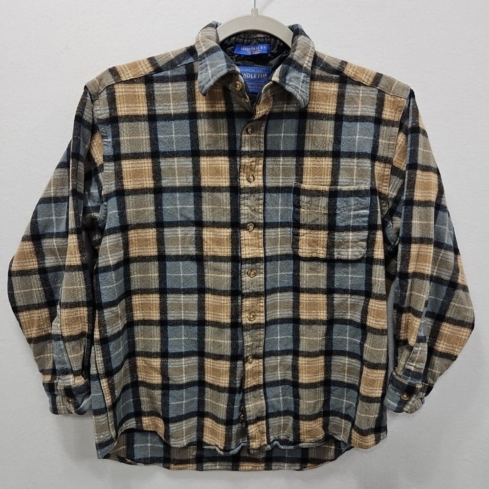 Pendleton USA Youth Large Brown Tan Blue Plaid 100% Virgin‎ Wool Flannel Shirt